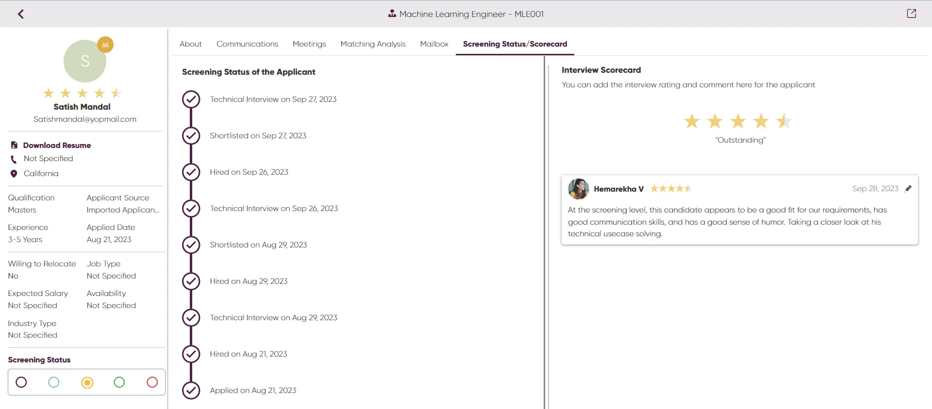 Screening status and score card